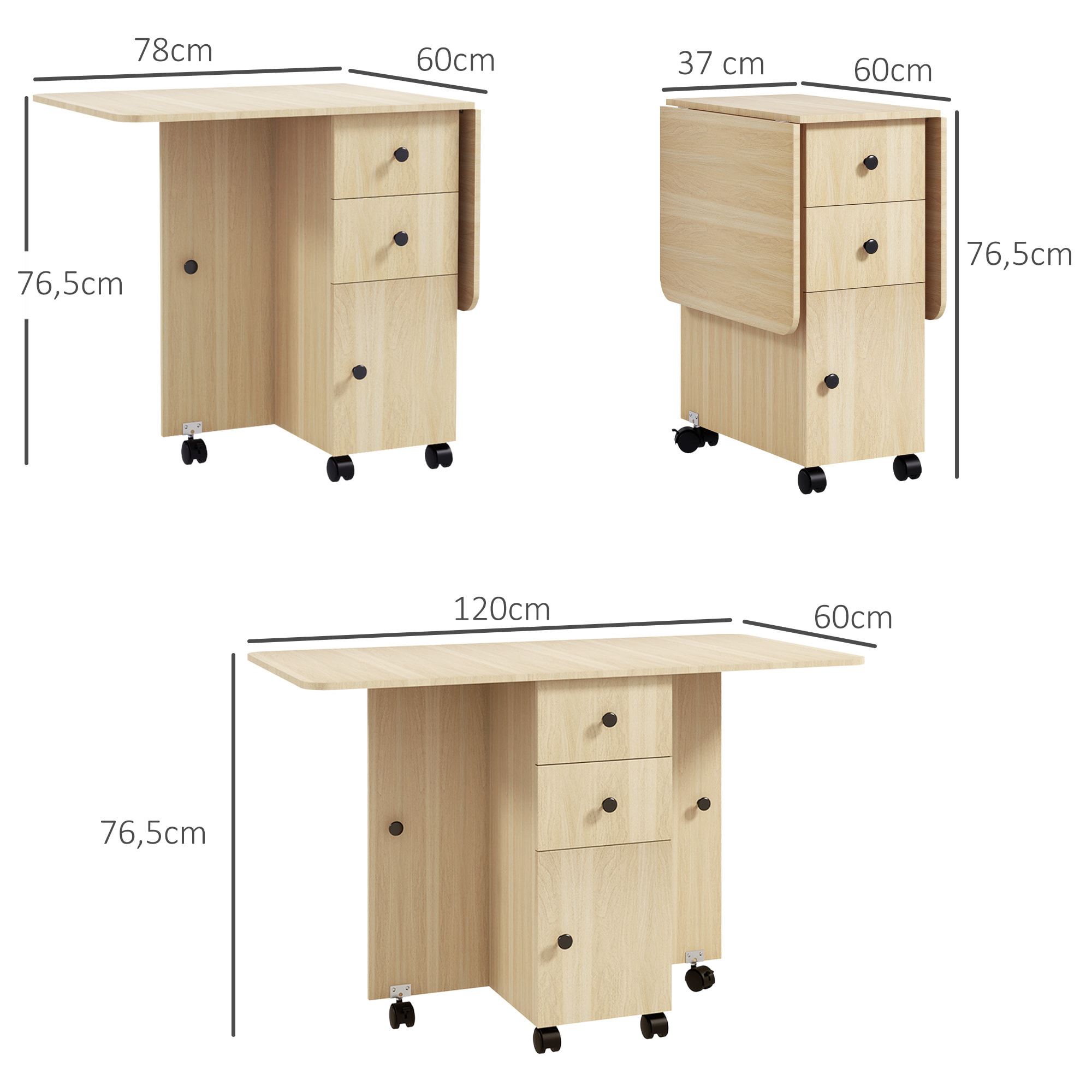 Mesa Plegable de Comedor Mesa de Cocina Plegable con Ruedas Alas Abatibles Cajones y Armario Mesa Plegable para 4-6 Personas 120x60x76,5 cm Natural