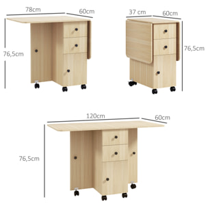 Mesa Plegable de Comedor Mesa de Cocina Plegable con Ruedas Alas Abatibles Cajones y Armario Mesa Plegable para 4-6 Personas 120x60x76,5 cm Natural