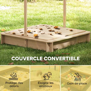 Bac à sable carré en bois pour enfant dim. 106L x 106l cm avec bancs et couvercle - auvent réglable