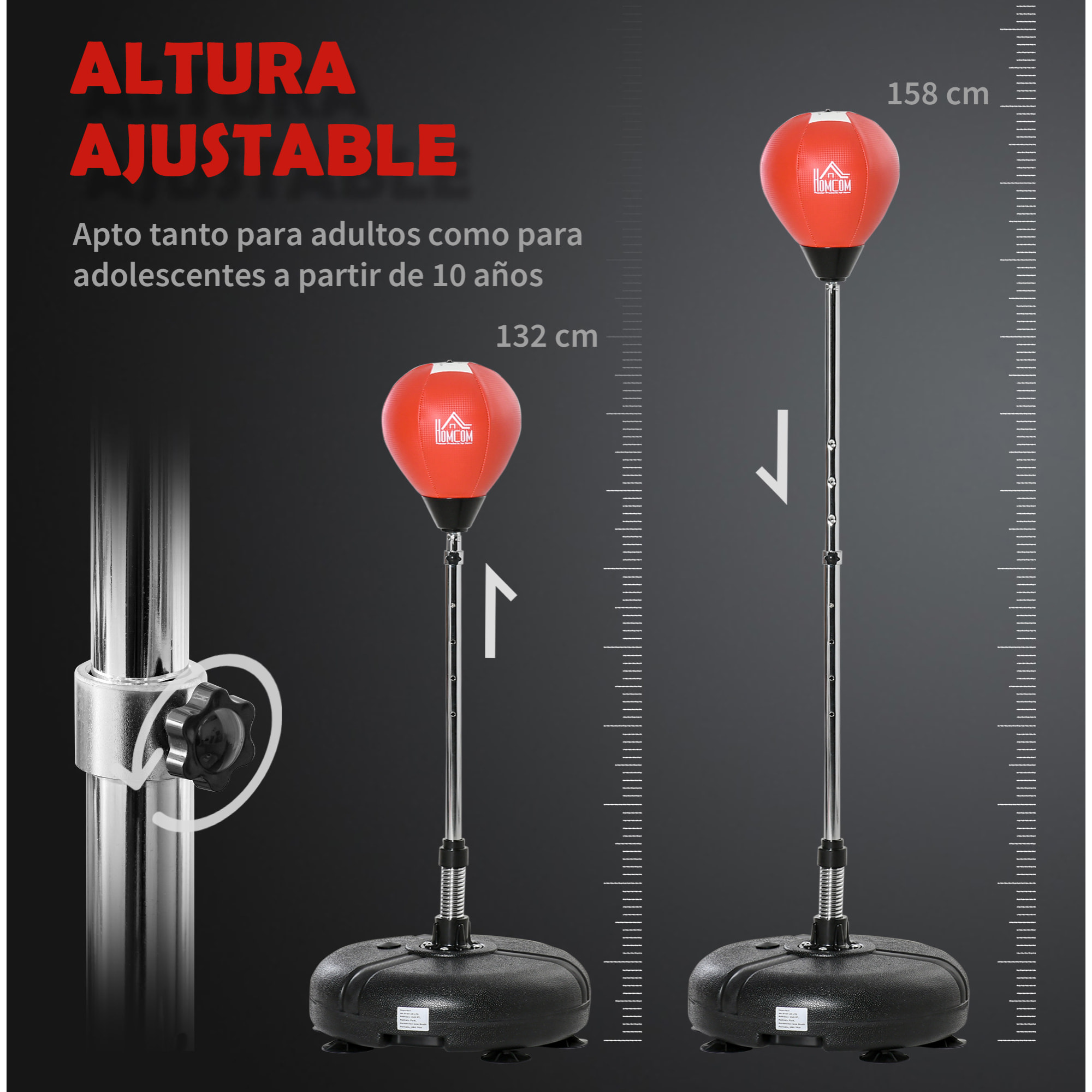 Saco de Boxeo de Pie Ajustable en Altura de 4 Niveles Punching Ball con Base Rellenable Guantes e Inflador para Adultos y Adolescentes Ø45x132-158 cm Negro y Rojo