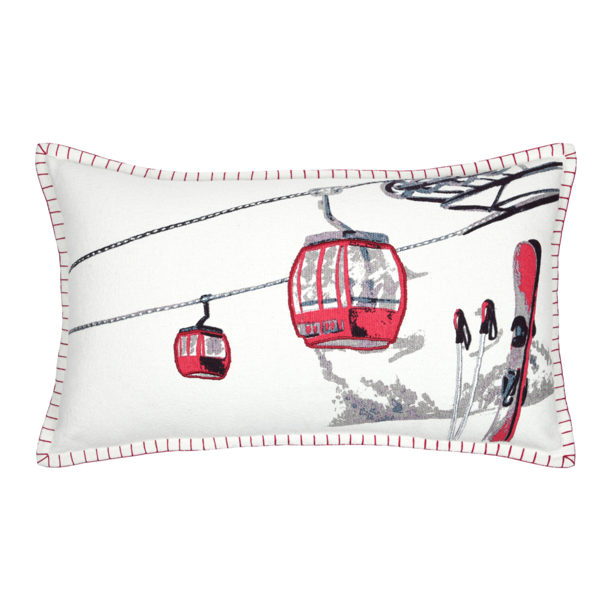 Coussin rectangulaire en coton déhoussable à motif télécabine - Ecru