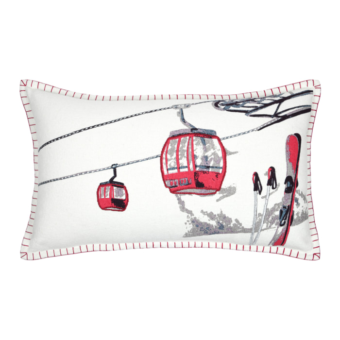 Coussin rectangulaire en coton déhoussable à motif télécabine - Ecru