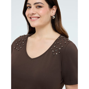 Fiorella Rubino - T-shirt in cotone con borchie sulle spalle - Marrone
