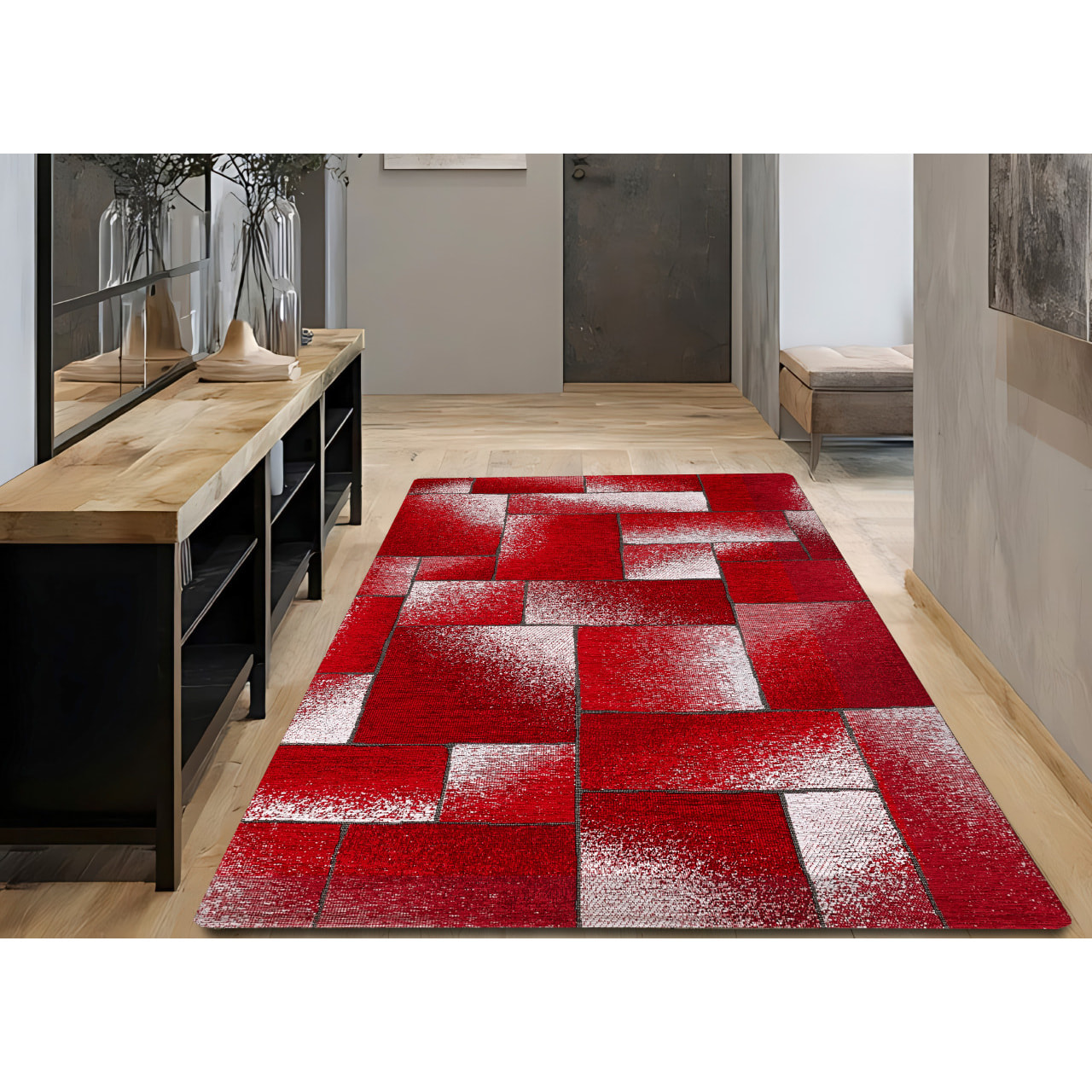 Tappeto Jacquard Ideale Salotto Camera Ingresso Made In Italy Antiscivolo, Lavabile, Morbido Disegno Tetrix Rosso By Suardi