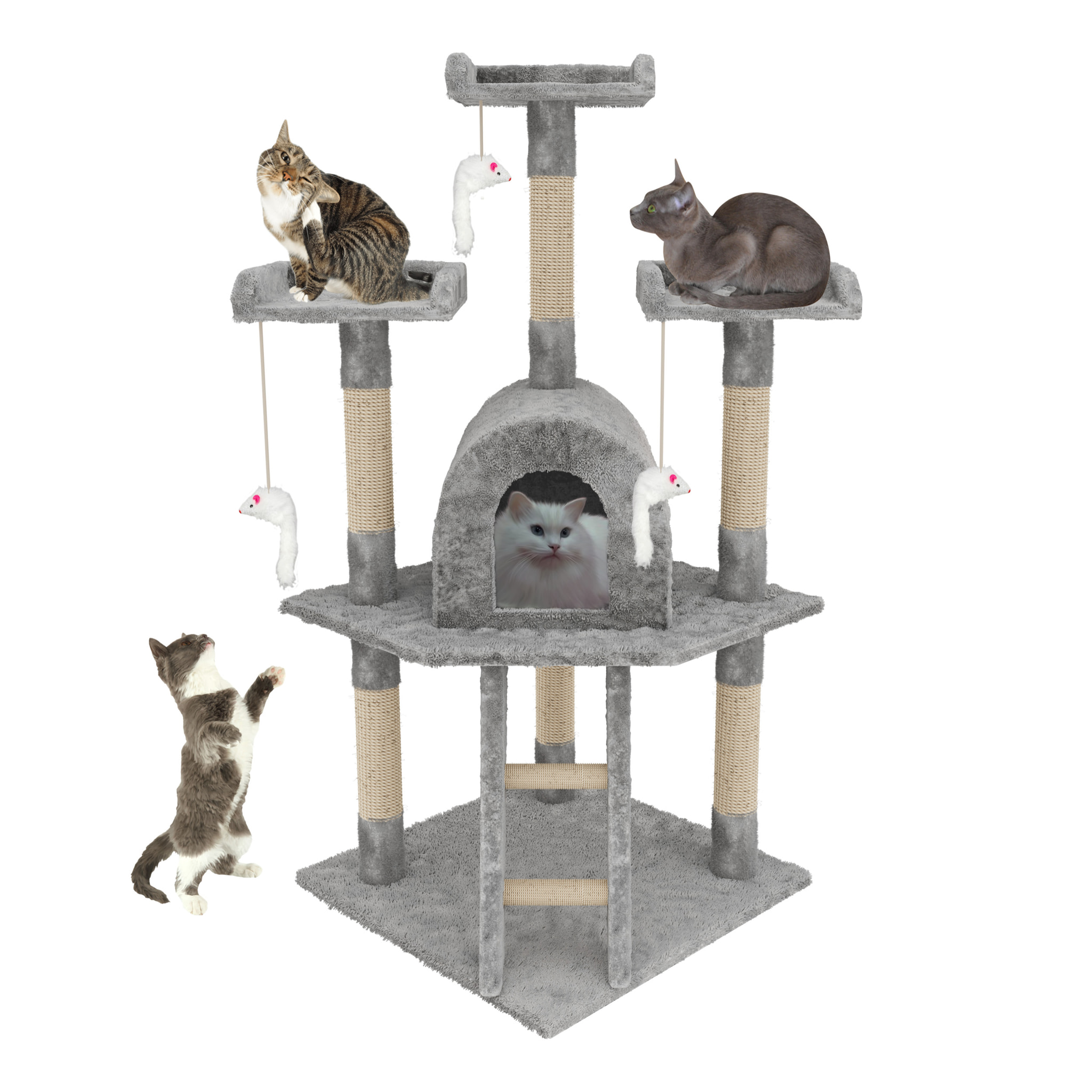 Tiragraffi Albero Palo Gioco Per Gatti Con Corda In Sisal Naturale Tira Graffi Giocattolo Cuccia Per Gatto Adulto Cucciolo Domestico 116 Cm Grigio
