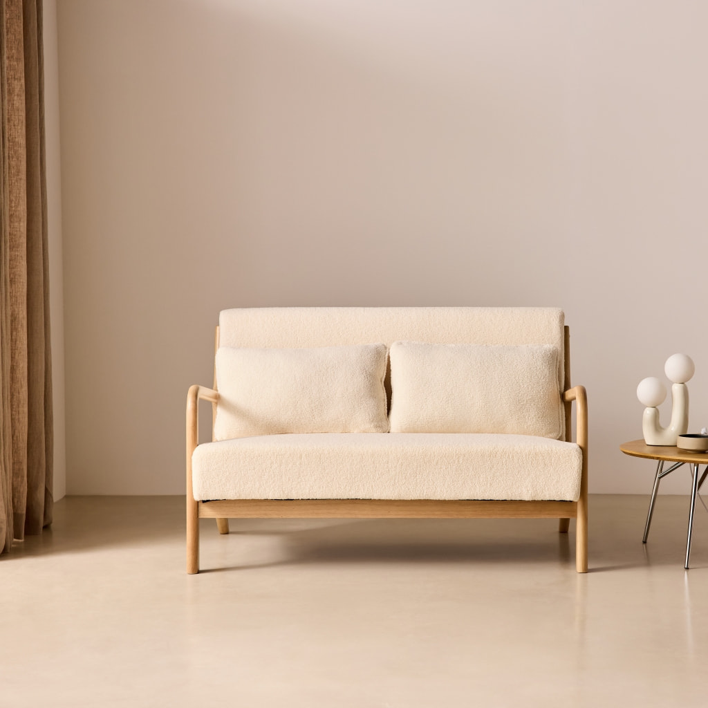 Banquette scandinave 2 places bois d'hévéa et bouclette LORENS