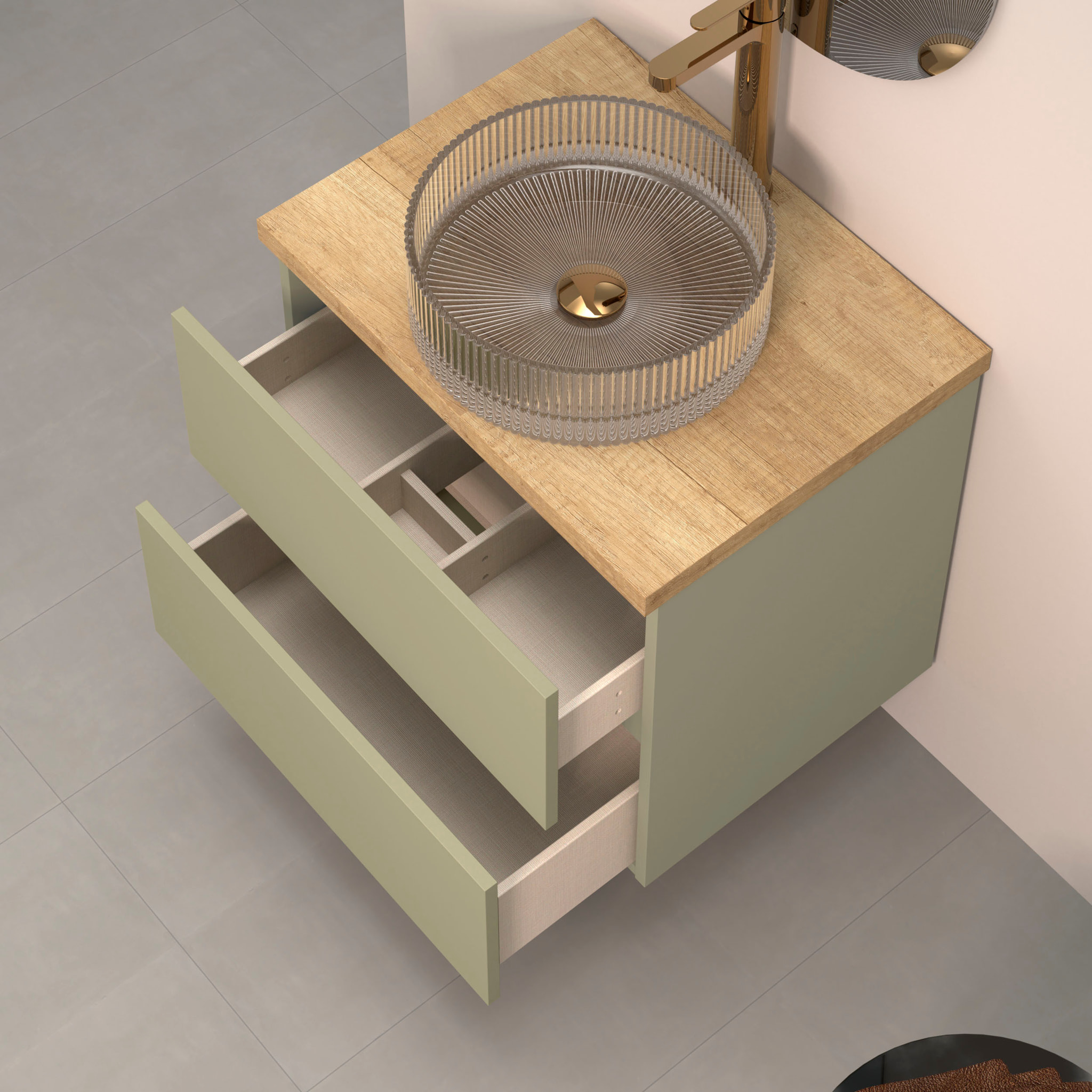 Conjunto de Baño Kub | 60 cm Verde Cactus | Dos Cajones | Lavabo de Cristal | No incluye Espejo | Mueble Montado | Alday