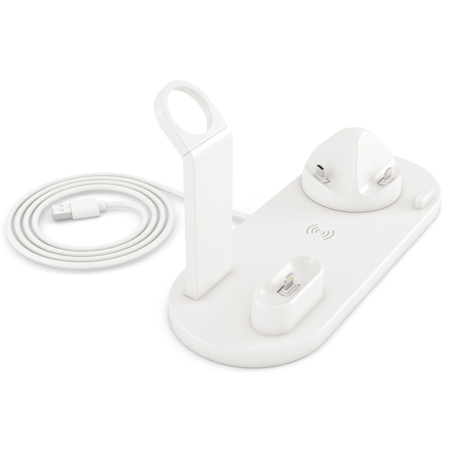 Base di ricarica 4 in 1, lightning, connessione micro USB e USB-C. Supporto per Apple Watch e supporto di ricarica per Airpods.