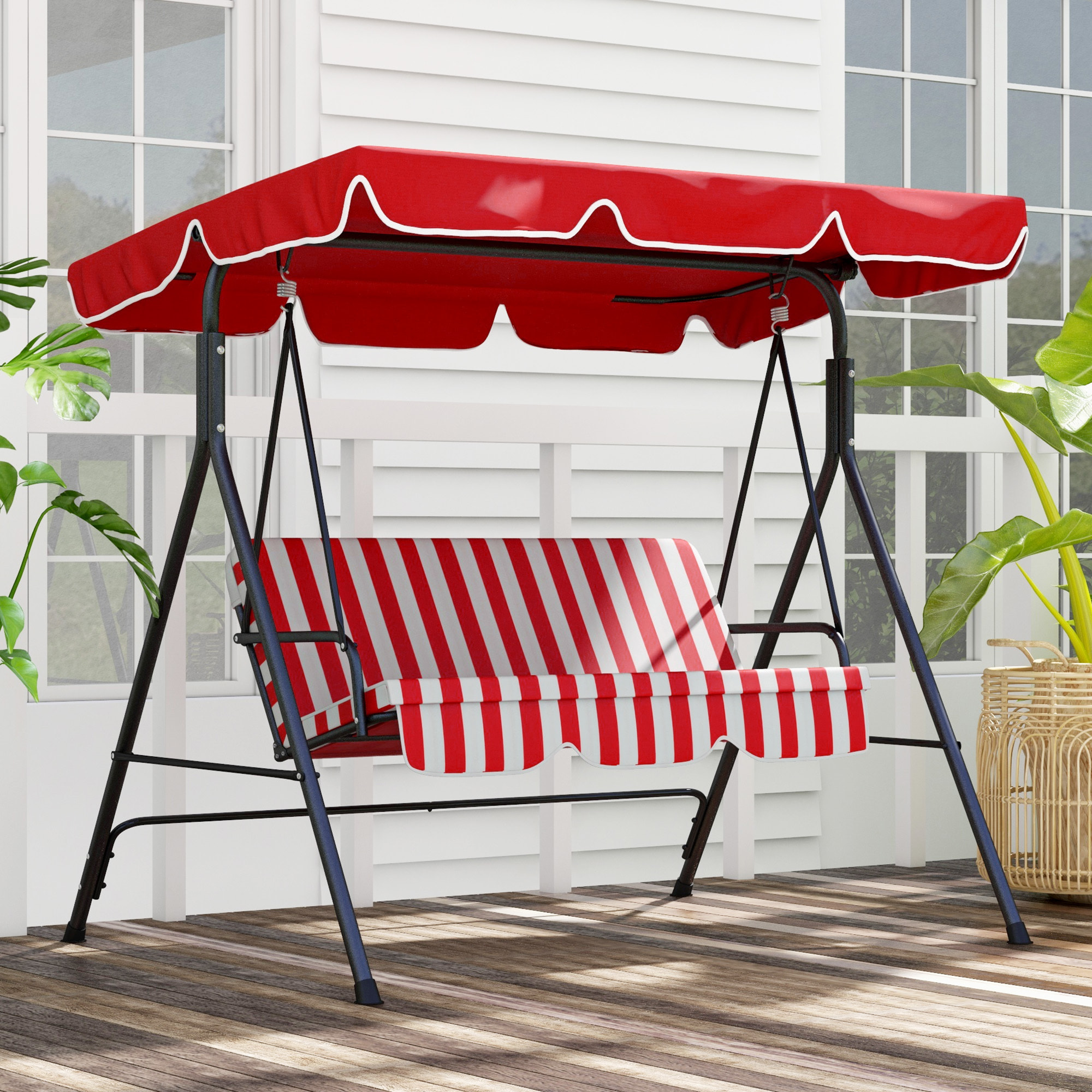 Balancelle de jardin 3 places toit inclinaison réglable coussins assise et dossier 1,72L x 1,1l x 1,52H m acier noir polyester rouge et blanc