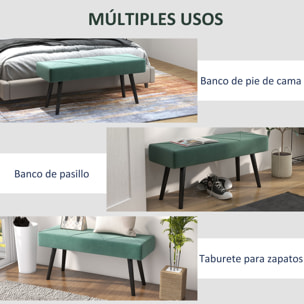 Taburete Pie de Cama Multifuncional Banco Pie de Cama Moderno Banco Dormitorio con Pies de Acero y Asiento Acolchado Carga 120 kg para Entrada Pasillo 100x36x45 cm Verde