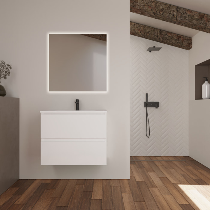 Conjunto de Baño Kaji | Mueble de Baño Suspendido | 80 cm Blanco| Dos Cajones | Lavabo Encastrado | No incluye Espejo | Alday