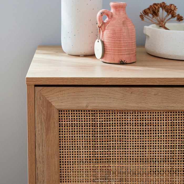 Buffet scandinave décor bois et cannage 1 porte 80cm BOHÈME