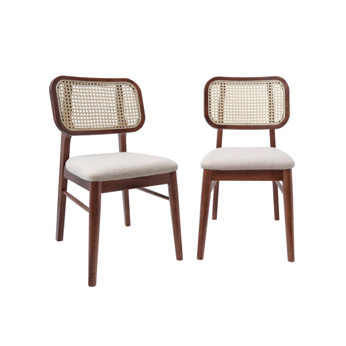 Lot de 2 chaises vintage bois d'hévéa cannage et bouclette Mani