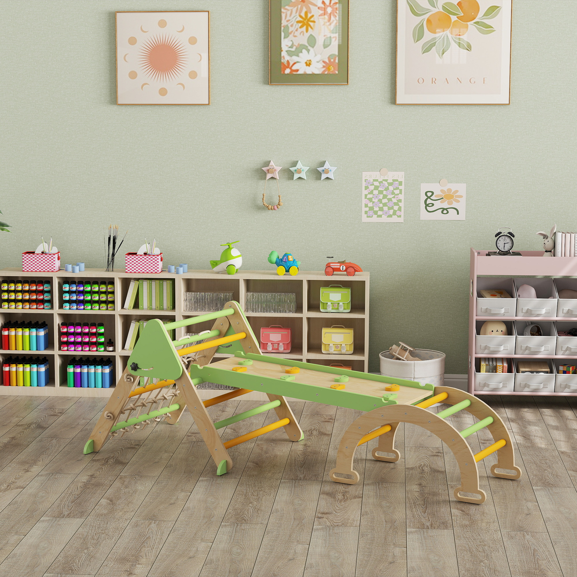 Triangle d'escalade enfant pliable 8 en 1 - aire de jeu enfant - bois vert