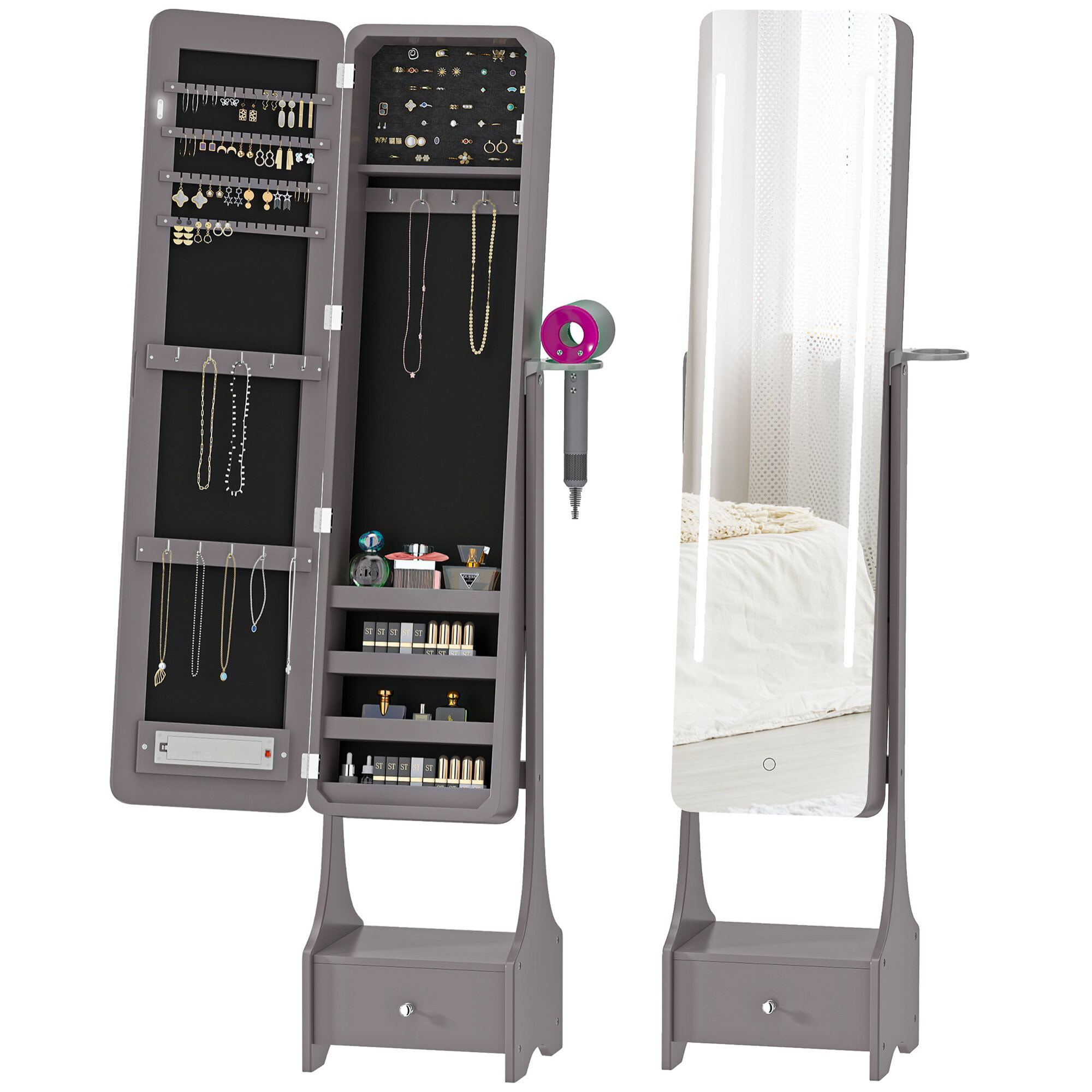 Espejo Joyero con Luces LED, Armario para Joyas, Armario Joyero con Espejo Entero de Ángulo Ajustable, Cajón, Interruptor Táctil, Luces Apagado Automático, Soporte para Secador, Gris