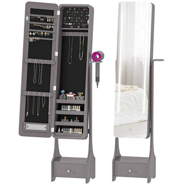 Espejo Joyero con Luces LED, Armario para Joyas, Armario Joyero con Espejo Entero de Ángulo Ajustable, Cajón, Interruptor Táctil, Luces Apagado Automático, Soporte para Secador, Gris