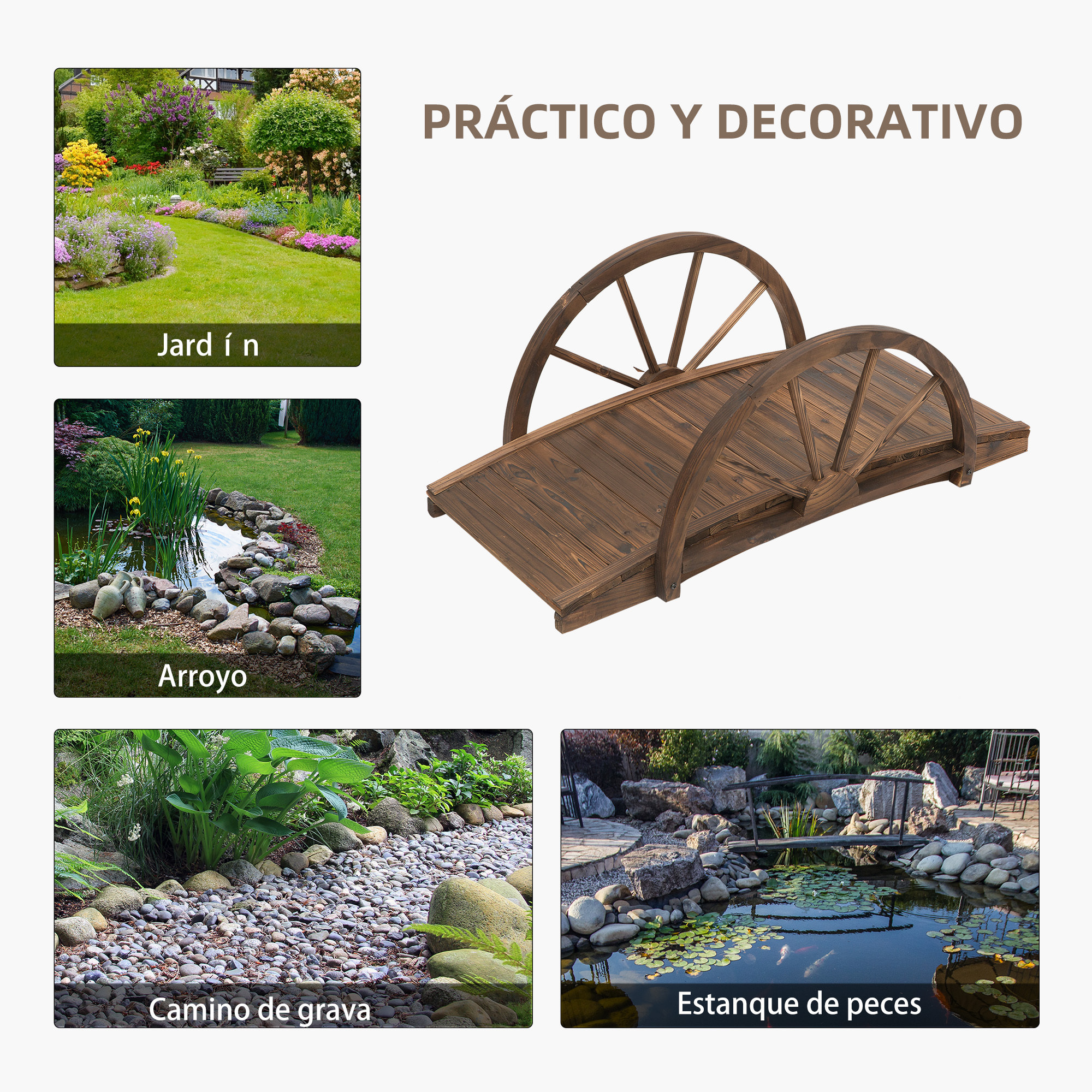 Puente de Jardín Puente de Madera con Barandillas en Forma de Rueda Puente para Estanque Carga 150 kg Puente Decorativo para Patio 100x50x37 cm Madera Carbonizada