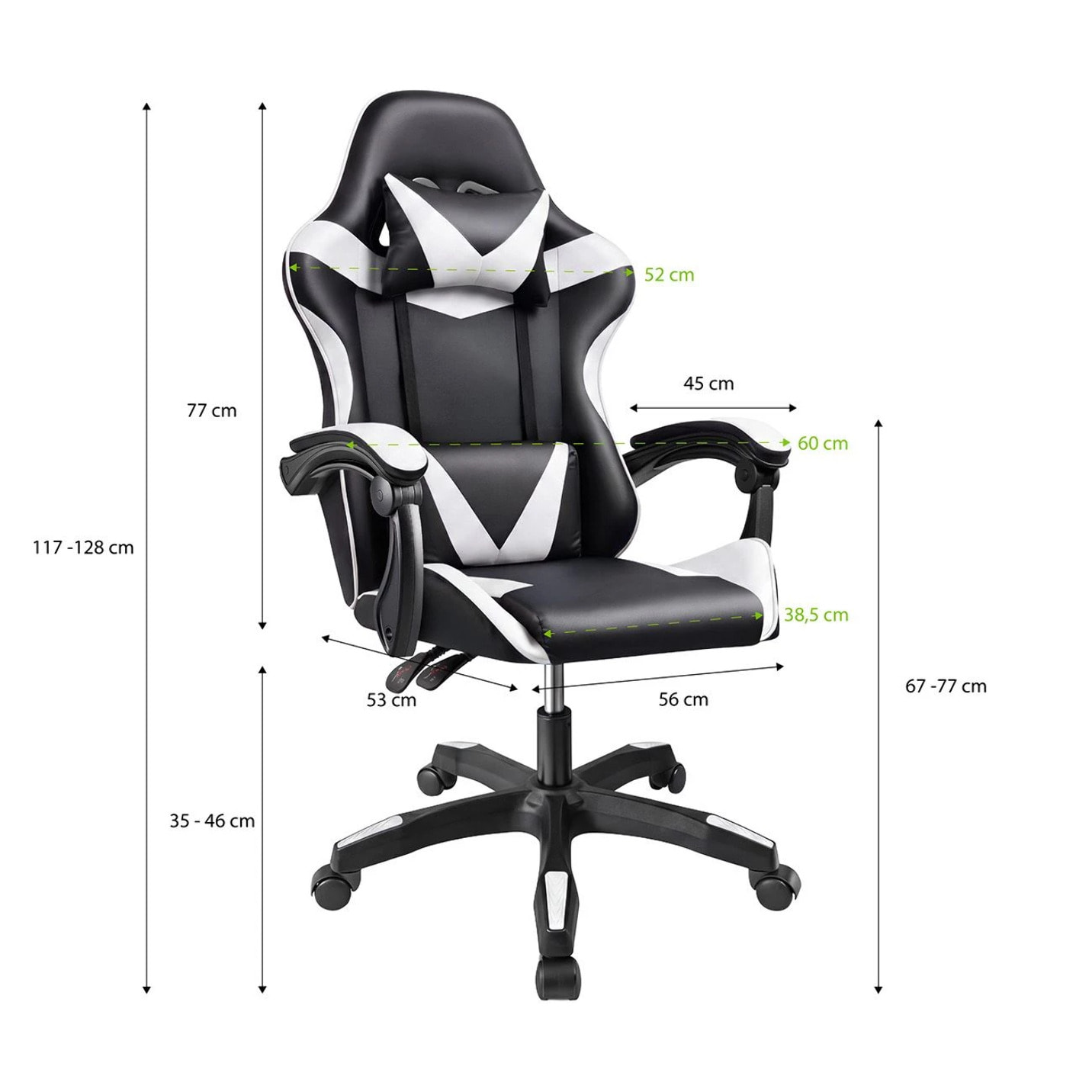 Silla gaming reclinable y con altura ajustable en negro y blanco 117-128 cm Viper Negro - Blanco