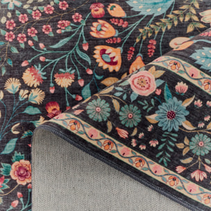 OTTOMAN - Tapis à poils courts doux à motif fleuri noir