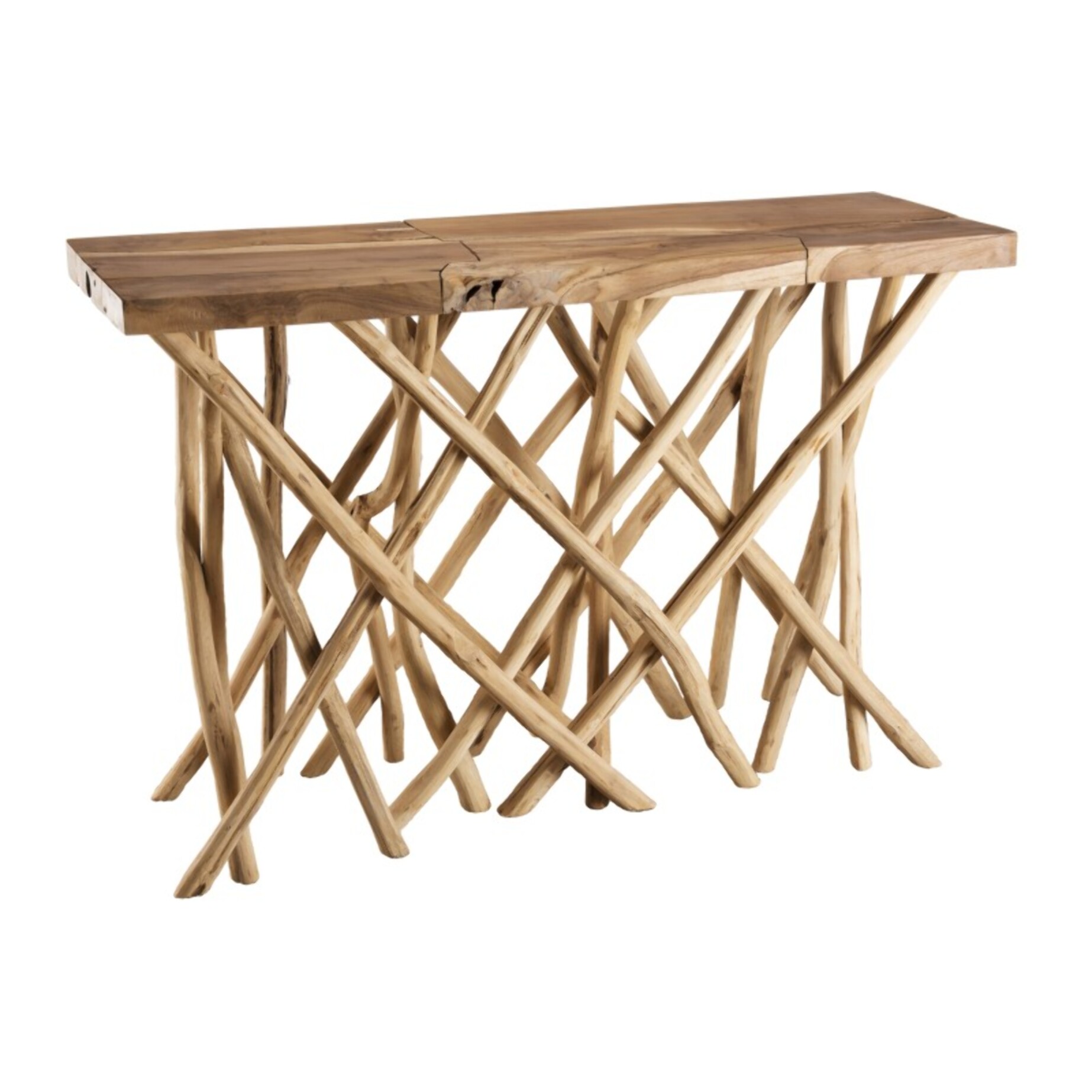 CLARA - Console bois nature plateau rectangulaire Teck - pieds bois flotté