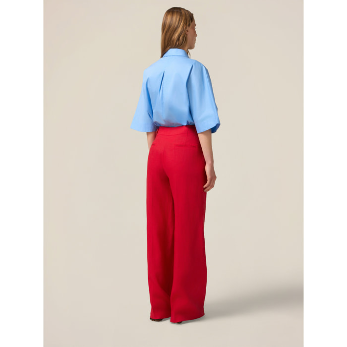 Oltre - Pantalones palazzo 100% lino - Rojo