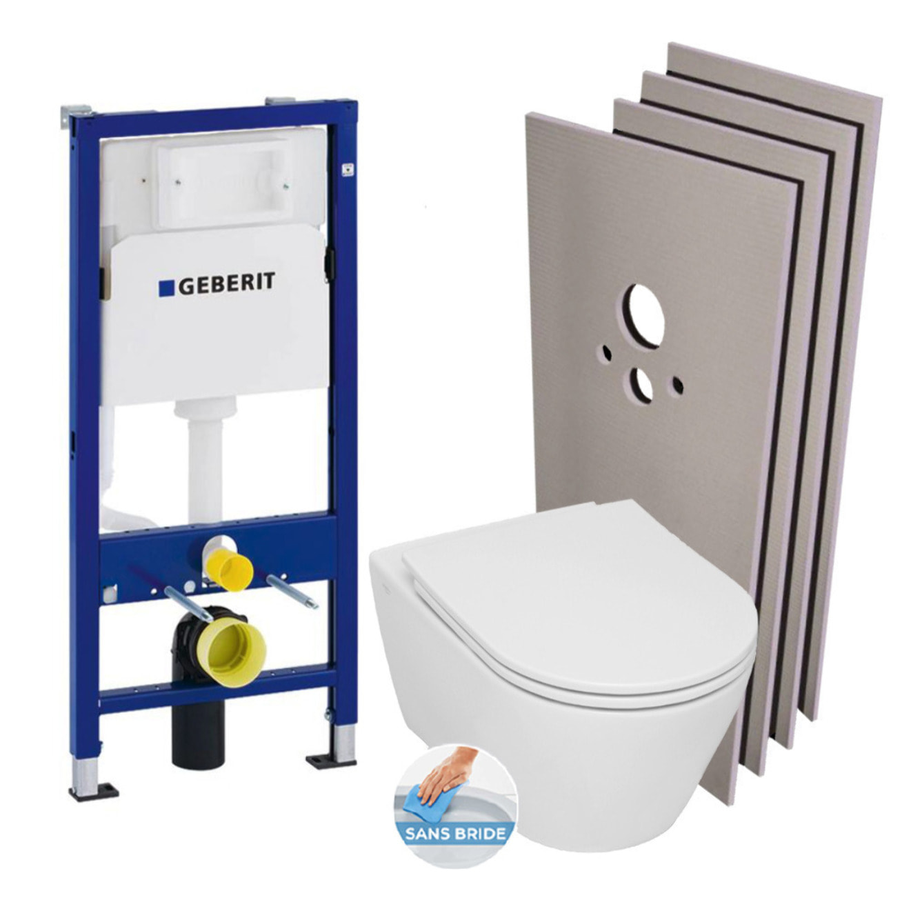 Pack WC Bâti-support + WC sans bride Serel SP26, fixations invisibles + Plaque blanche + Set habillage