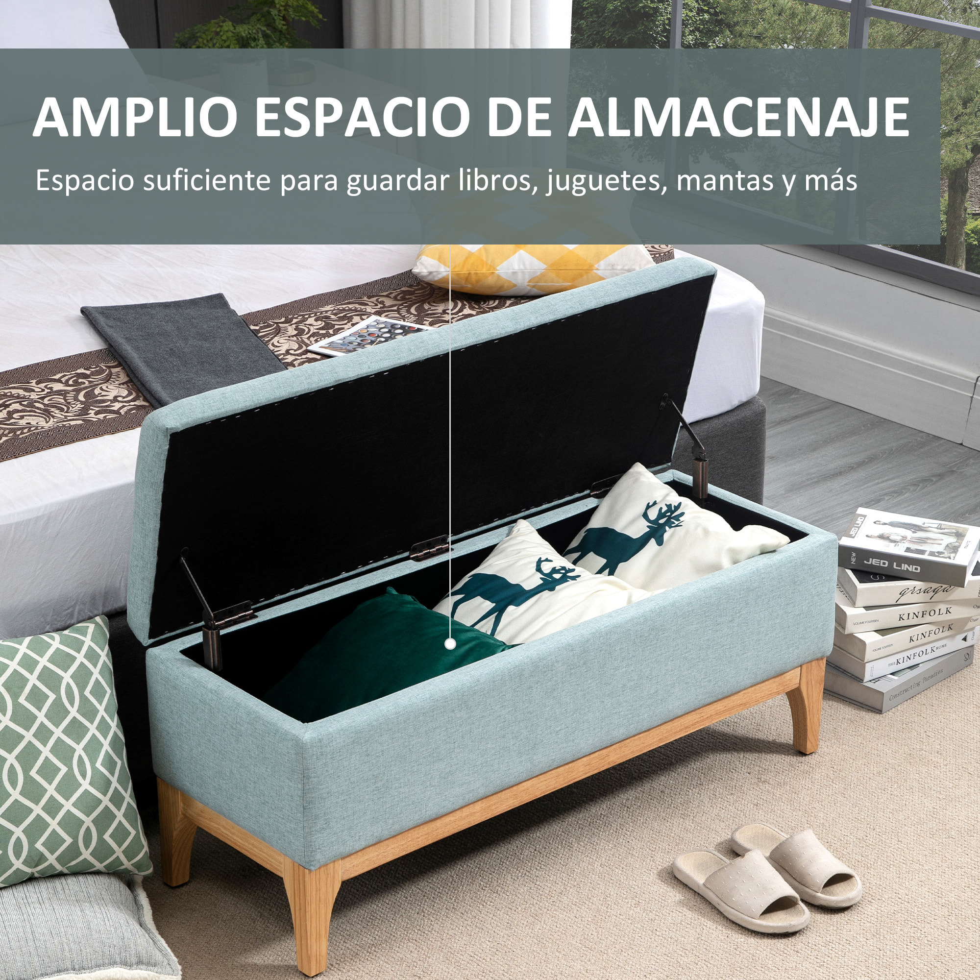 Baúl de Almacenaje para Dormitorio 72L Puff Almacenaje Tapizado en Lino Banco de Almacenaje con Patas de Madera y Almohadillas Ajustables para Entrada Salón 110x39x45 cm Verde Claro