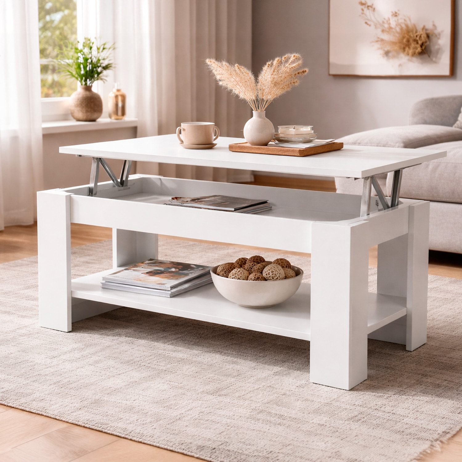 Tavolino Da Caffè Sollevabile Tavolo Da Salotto Rialzabile Salvaspazio Per Mangiare O Lavorare Dal Divano Con Piano Rialzabile 102 x 50 x 43 Cm Bianco