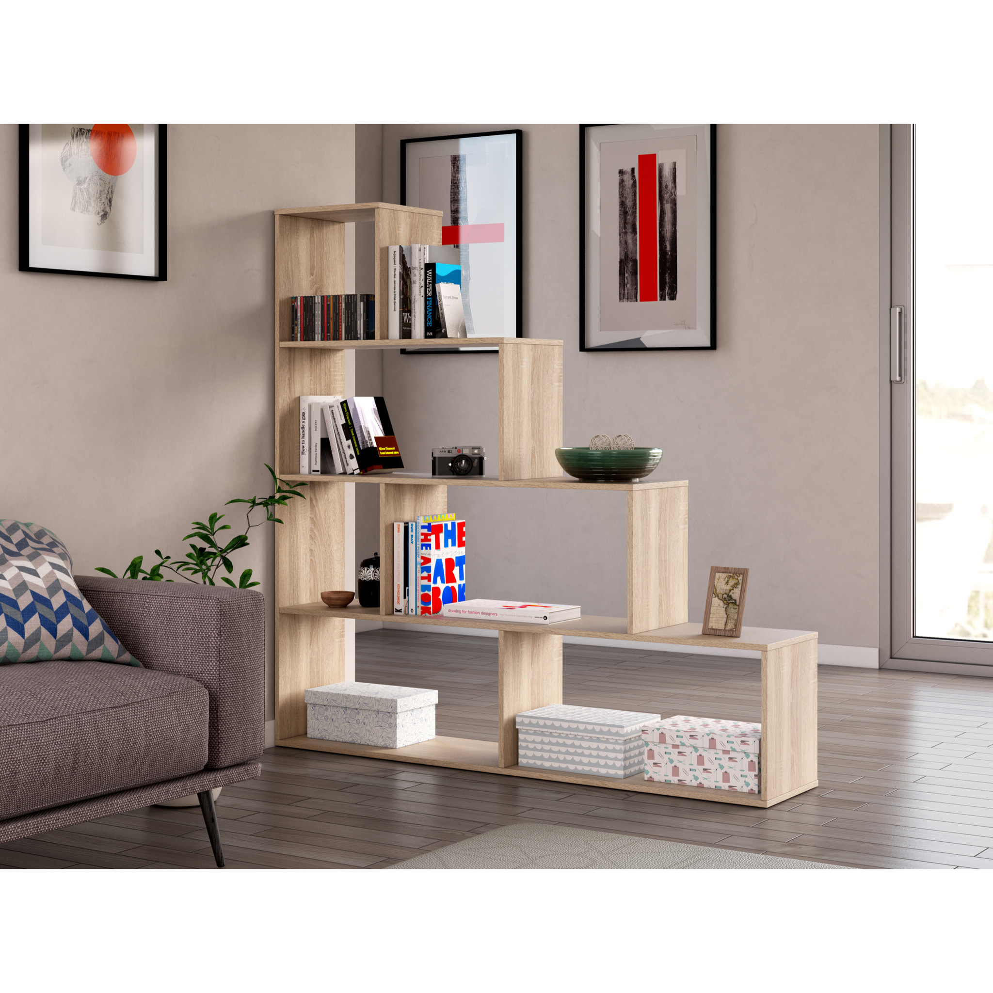 Libreria Scaffale Multiuso Con 6 Ripiani Per Soggiorno Salotto Camera Cameretta Design Moderno Modulabile Piedini Antigraffio 145x145x29 Cm  Rovere