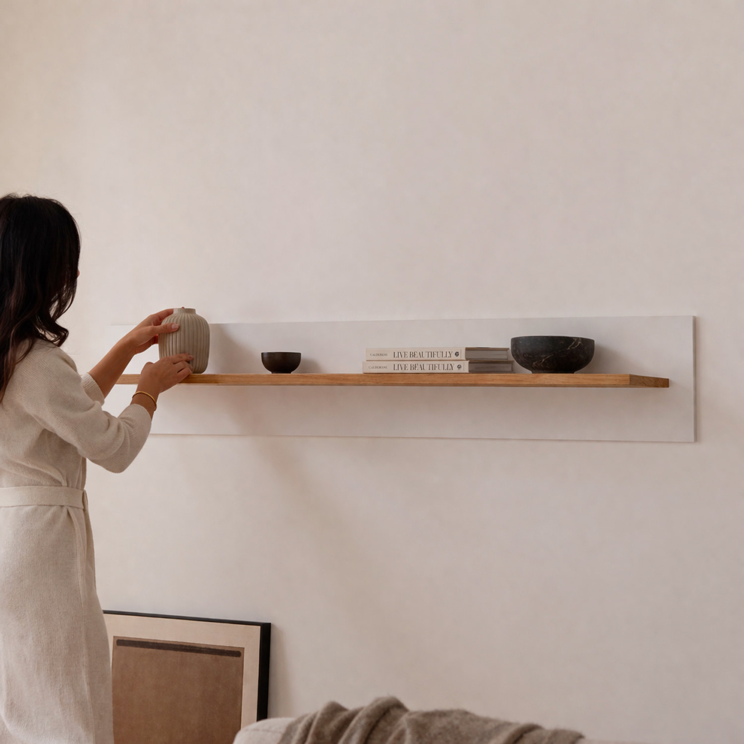 Mensola Da Soggiorno Parete Muro Ripiano Libri Oggetti Decorativa Salotto Arredo Design Moderno Minimal Living Abbinabile 138x20x20 Cm Bianco E Rovere