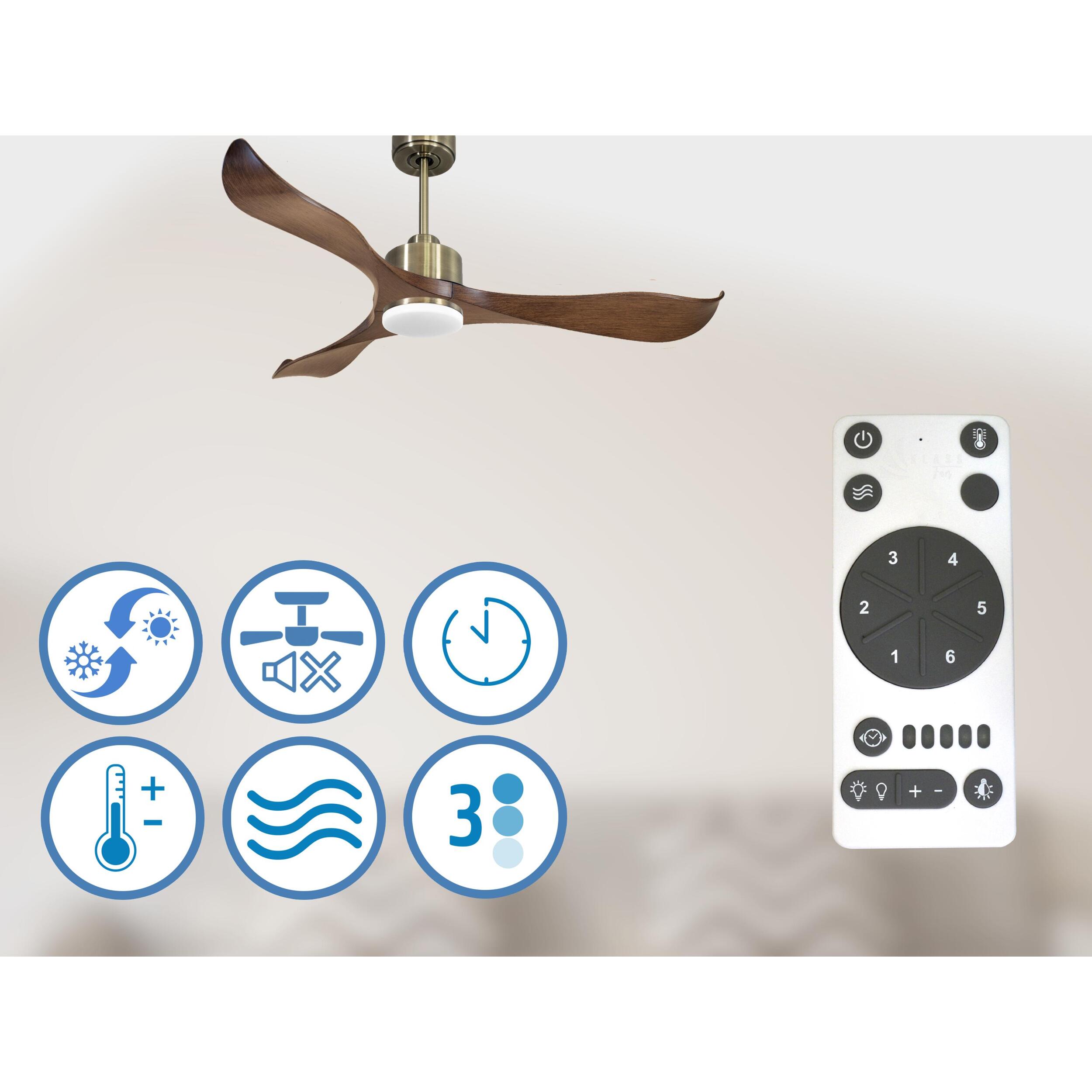 Ventilateur de plafond Réversible  Thermostat Dimmable Wifi Moteur à courant continu Toits en pente Télécommande Lumière à trois tons Adaptateur 2/3 Lames