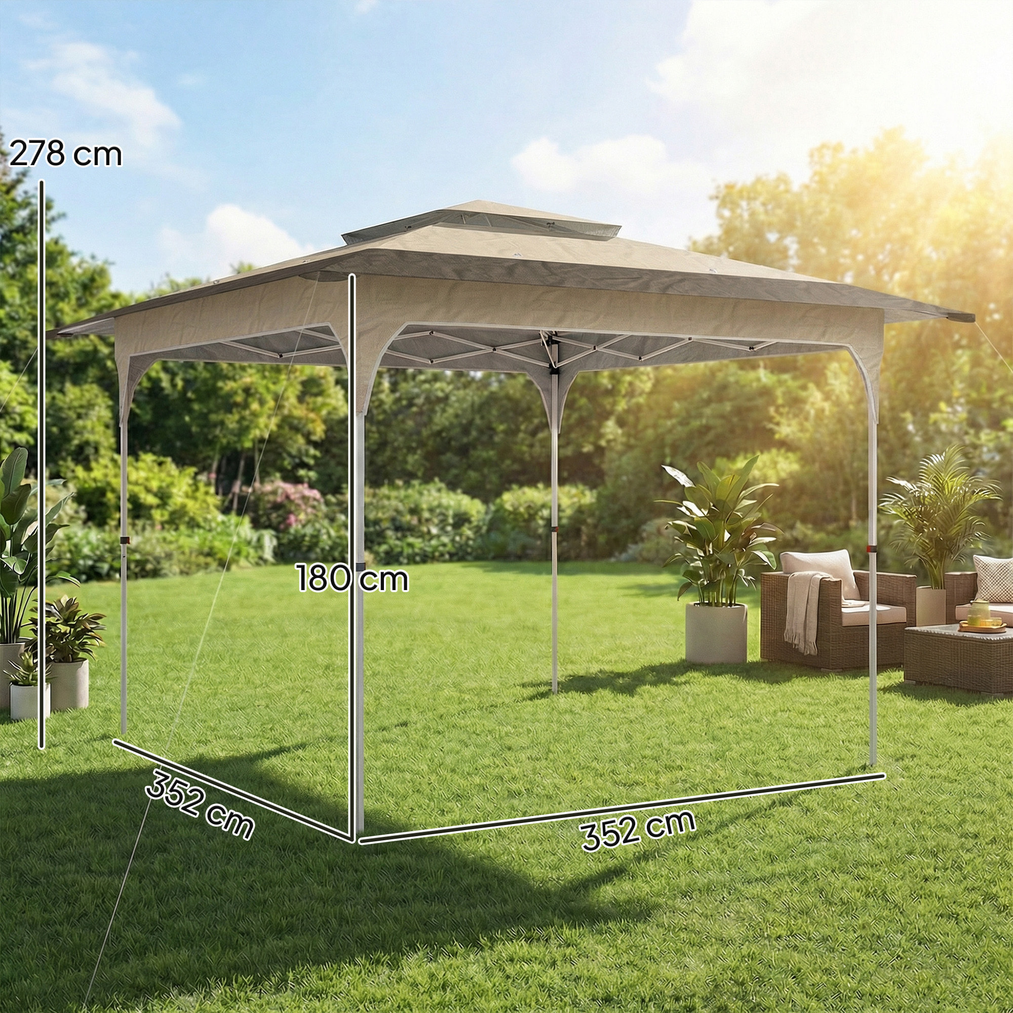 Carpa Plegable 3,5x3,5 m, Pop-up, Cenador Pabellón de Jardín con Doble Techo, Cierre Central, UPF50+, Altura Ajustable de 3 Niveles y Bolsa de Transporte, Gazebo para Fiestas, Exterior, Caqui