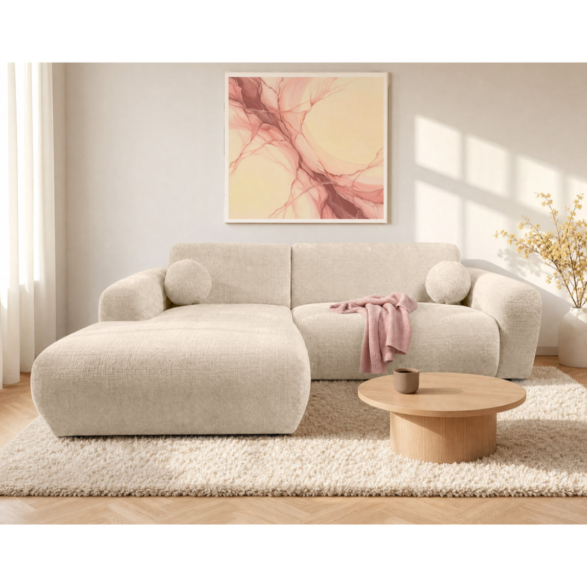 Louise - Canapé d'angle gauche 4 places en velours texturé - Beige