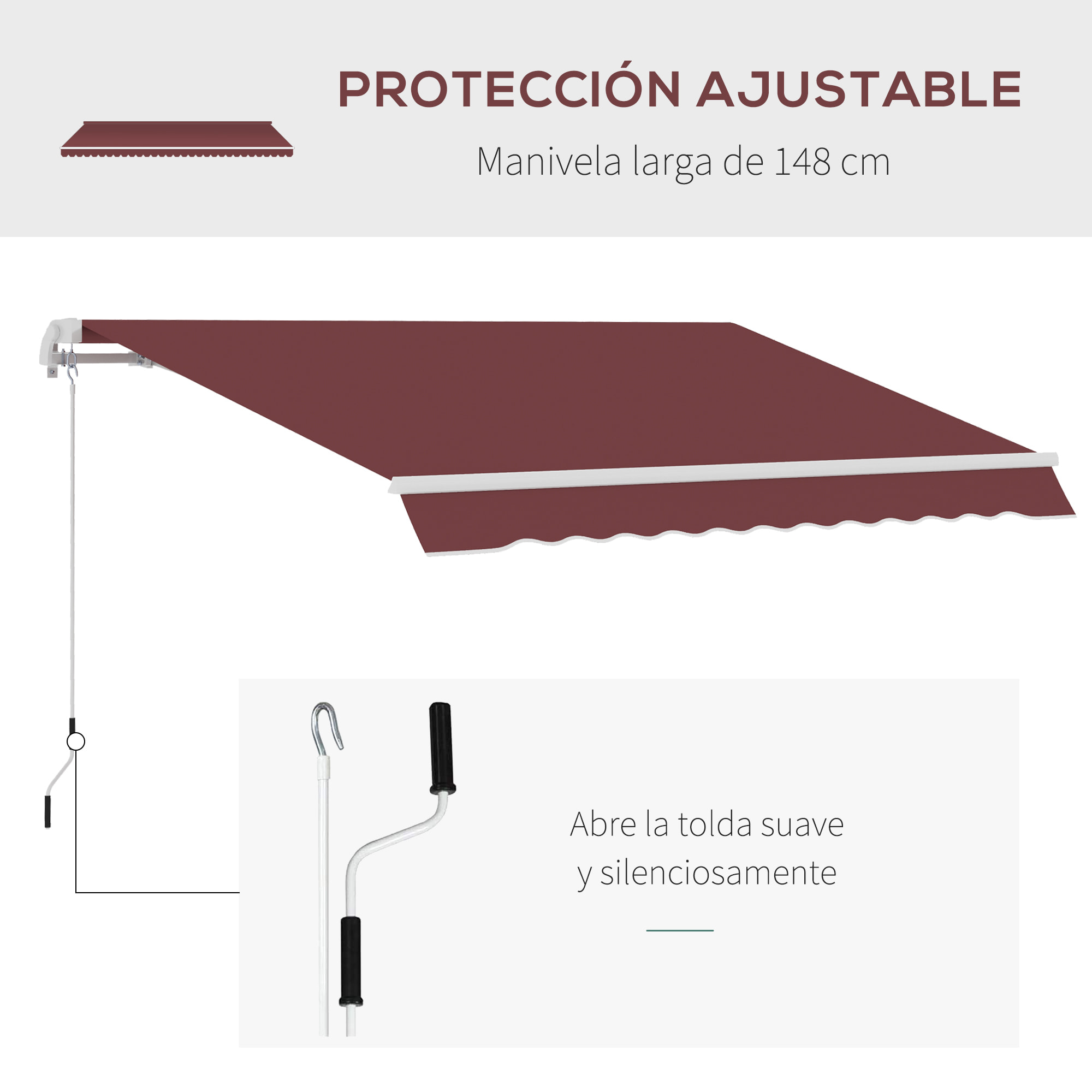 Toldo Manual Retráctil 350x250 cm, Toldo Exterior Terraza con Ángulo Ajustable, Manivela, Estructura de Aluminio y Protección UV30+, para Jardín, Patio, Ventanas, Rojo Vino