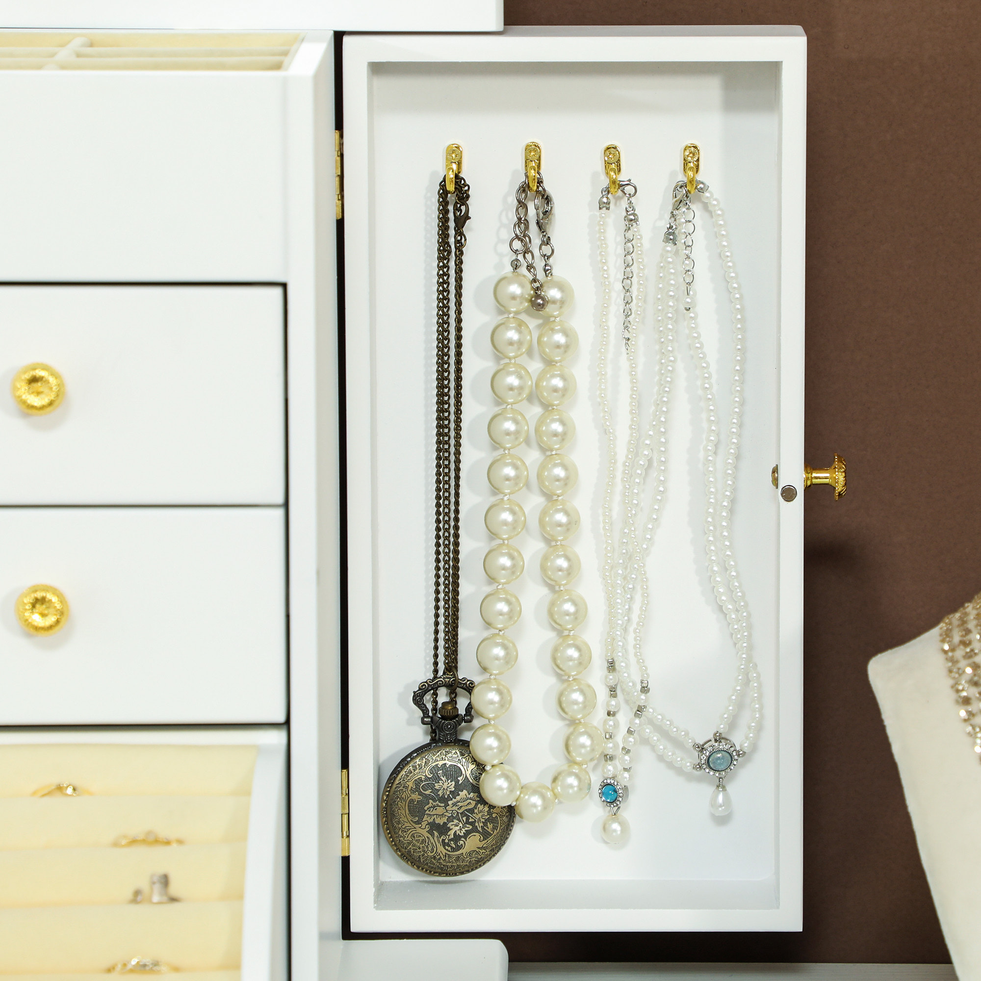 Caja Joyero de 4 Niveles, Joyero Mujer Organizador Grande con 2 Cajones, Espejo, Puertas Laterales Giratorias con Ganchos, para Pendientes, Anillos, Collares, Blanco