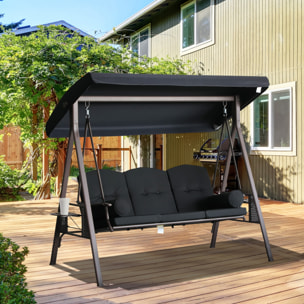 Columpio de Jardín Exterior de 3 Plazas Balancín de Jardín Exterior con Toldo Ajustable Bandejas Laterales 2 Almohadas y Marco de Metal Carga 360 kg 208x121x172 cm Negro