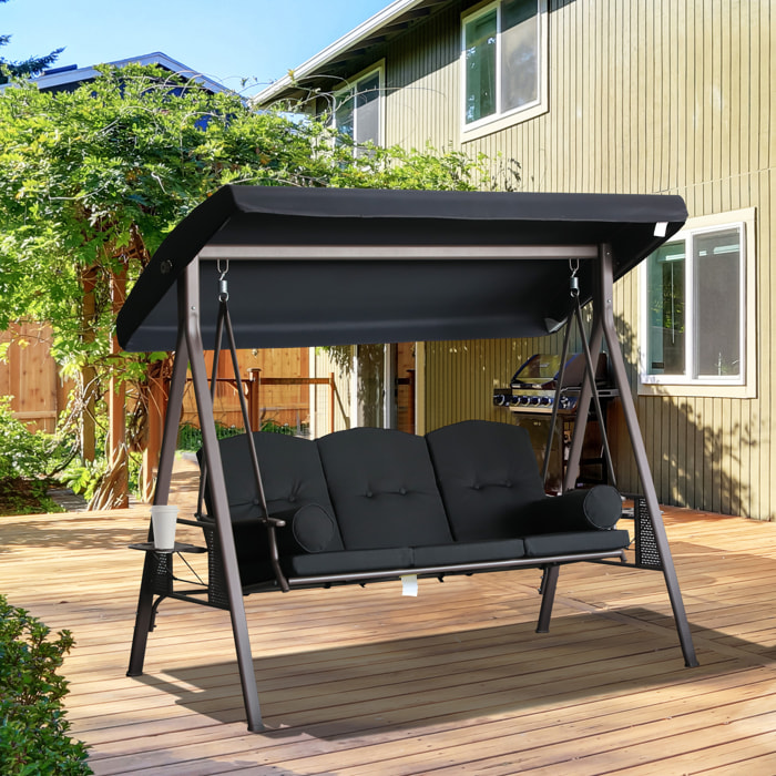 Columpio de Jardín Exterior de 3 Plazas Balancín de Jardín Exterior con Toldo Ajustable Bandejas Laterales 2 Almohadas y Marco de Metal Carga 360 kg 208x121x172 cm Negro