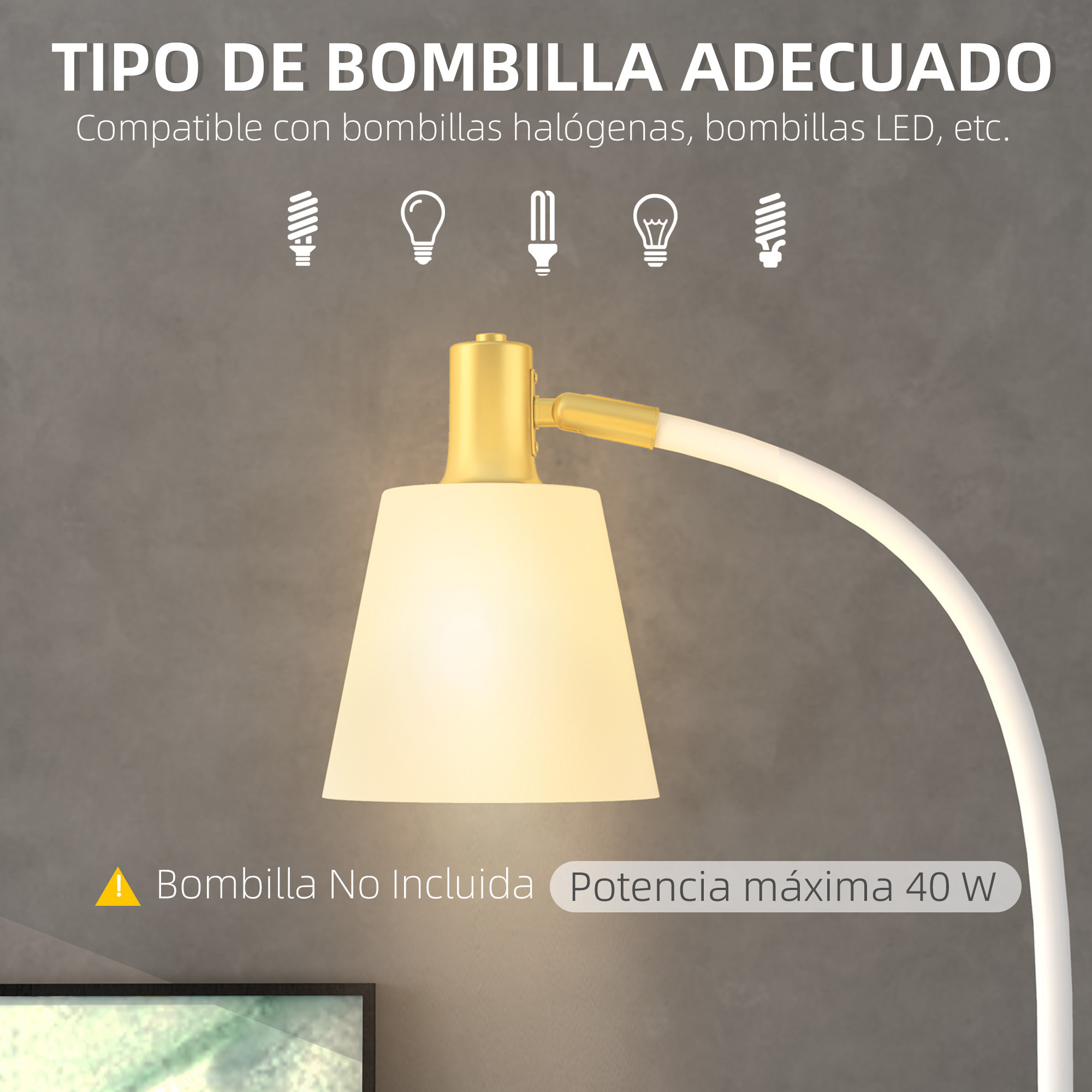 Lámpara de Pie LED Lámpara de Pie Salón con Altura Ajustable Pantalla Interruptor Basculante para Sala de Estar Oficina Dormitorio Blanco y Dorado