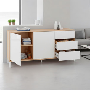 Credenza Madia Con 2 Ante E 3 Cassetti Mobile Contenitore Moderno Con Ripiani Interni Guide In Metallo E Piedini ABS 154 x 41 x 75 Cm Rovere E Bianco