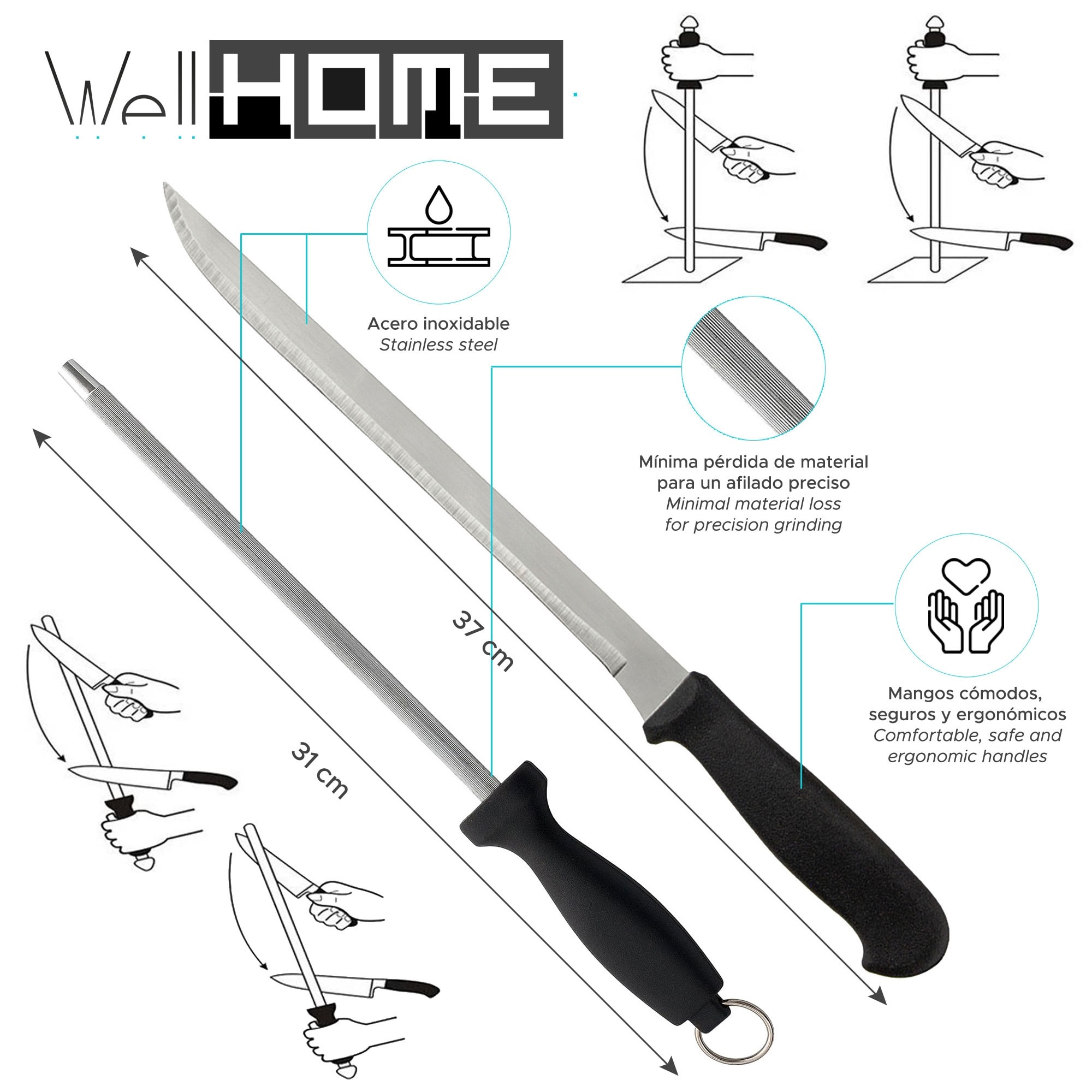 Well home set de cuchillo jamonero (hoja 25cm) y chaira (21cm) en acero inoxidable de alta calidad