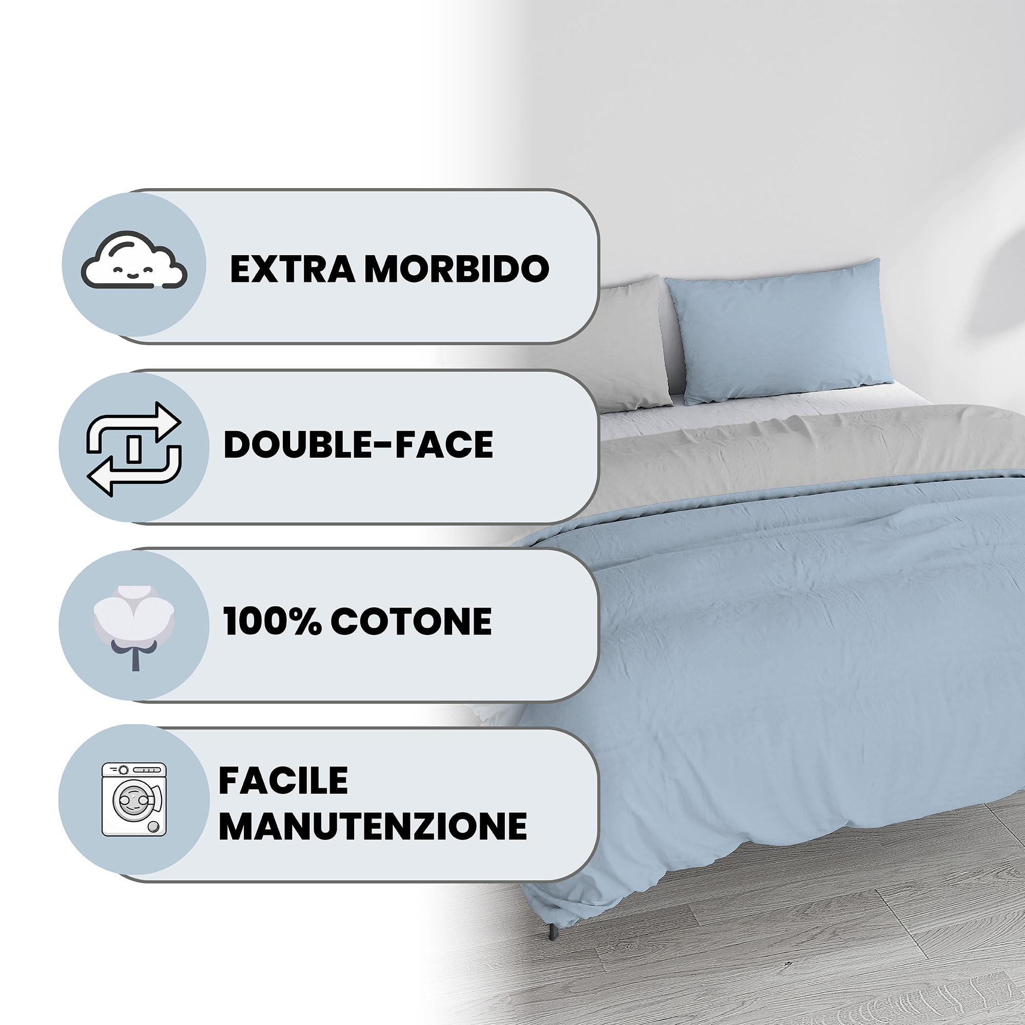 PARURE COPRIPIUMINO NATURAL COLOR, 100% Cotone, Made in Italy - AZZURRO/GRIGIO CHIARO