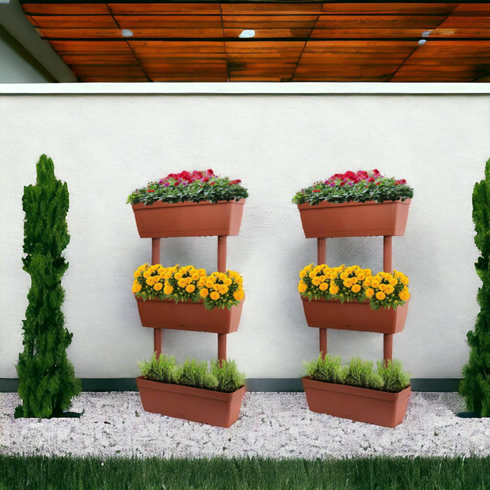 Set di 3 vasi Aldunga, Composizione per orto casalingo, Set porta fiori per interno o esterno, 100% Made in Italy, 49x16h100 cm, Marrone