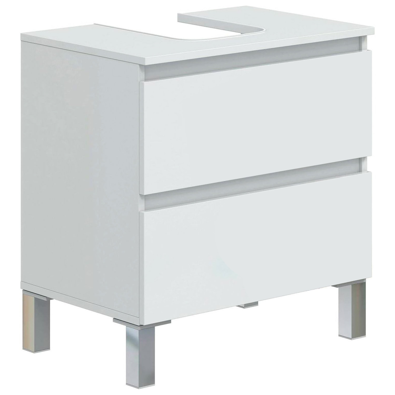 Mobile Bagno Sotto Lavabo Da Appoggio 2 Cassetti Salvaspazio Con Guide Metalliche E Gambe In Alluminio Design Moderno 63.5 x 60 x 40 Cm Bianco Lucido