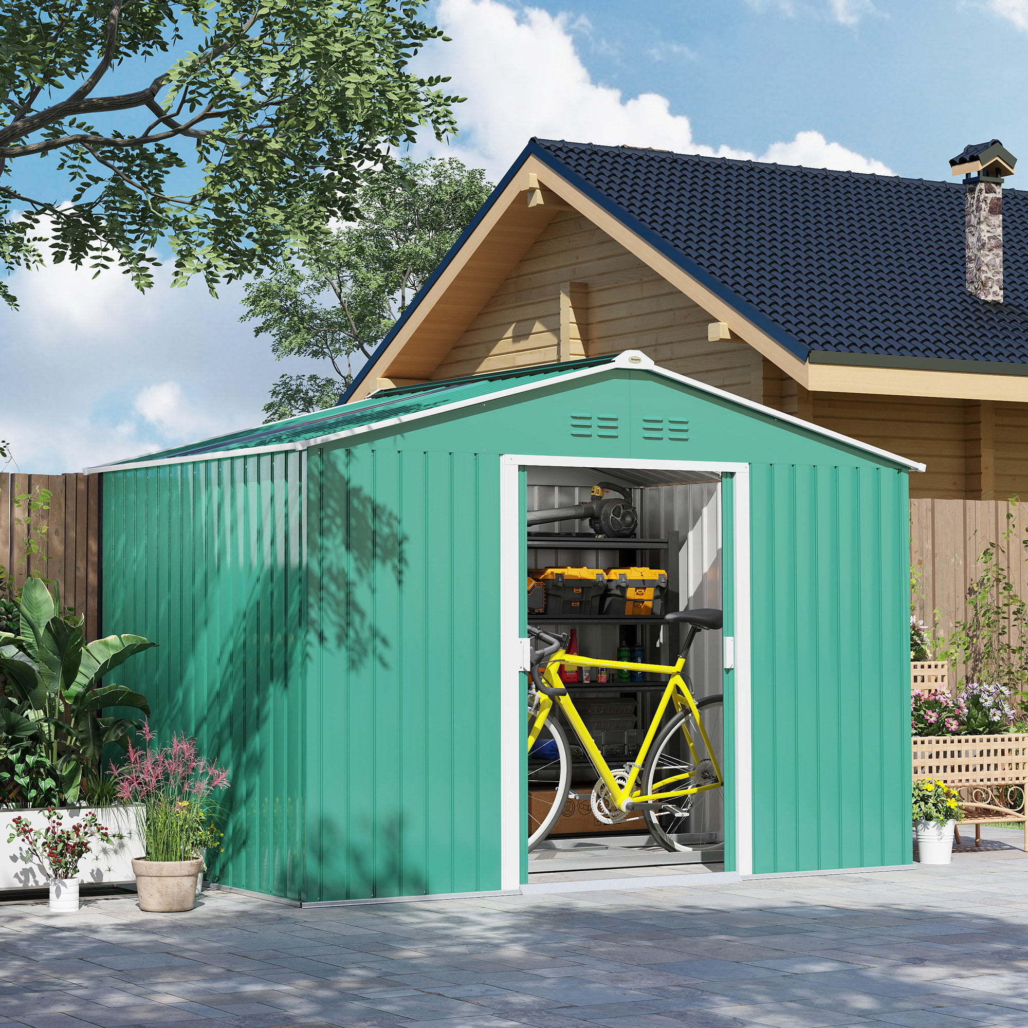 Caseta de Jardín Exterior 4,9 m² 277x195x192 cm Cobertizo de Jardín Exterior con Puerta Corredera Techo de Fibra de Vidrio Base Refuerzo (Suelo NO Incluido) y 4 Ventanas Verde