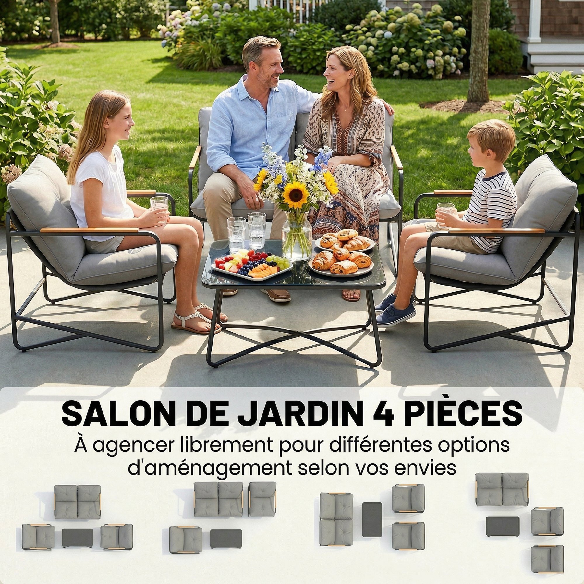 Salon de jardin 4 places 4 pièces avec coussins métal gris effet bois