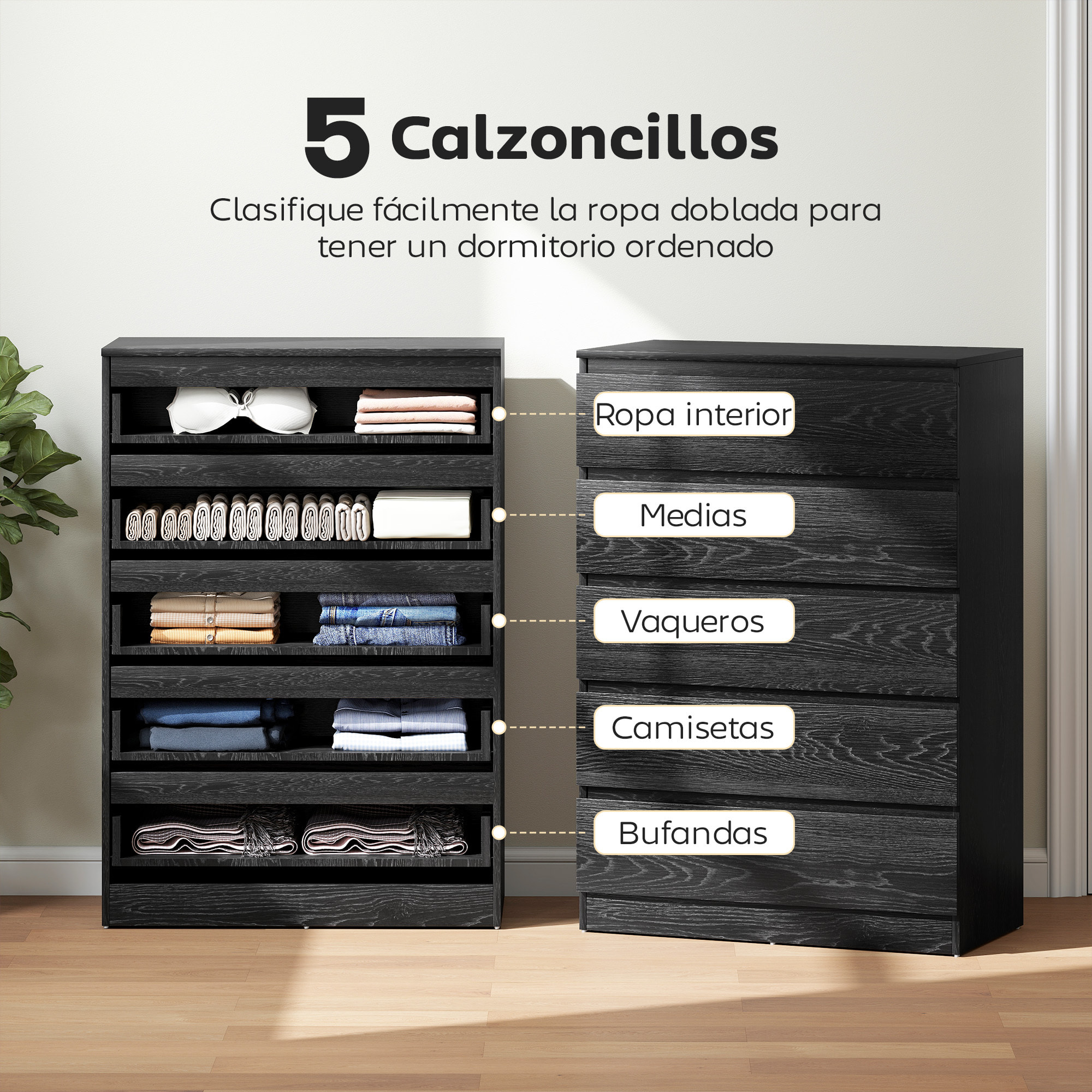 Cómoda 5 Cajones, Cómoda Dormitorio, Cajonera para Salón, Oficina, Estilo Moderno, 77x40x111,5 cm, Negro Veteado