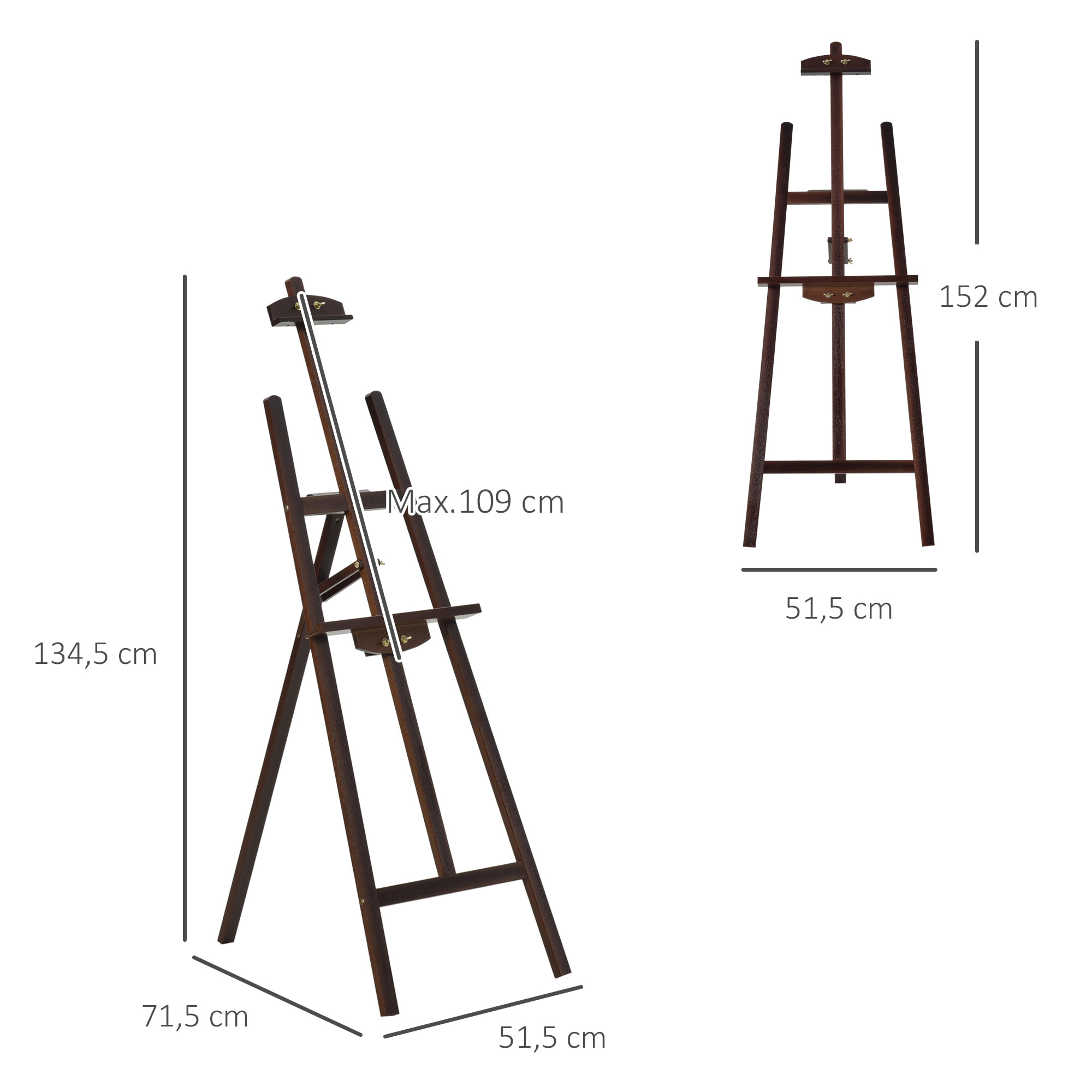 Caballete de Pintura de Madera Caballete de Dibujo con Ángulo Ajustable de 75° Soporte Trípode y Pincel para Lienzos 51,5x71,5x134,5 cm Café