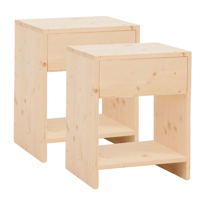 Pack de 2 mesitas de noche de madera maciza con un cajón en tono natural de varias medidas