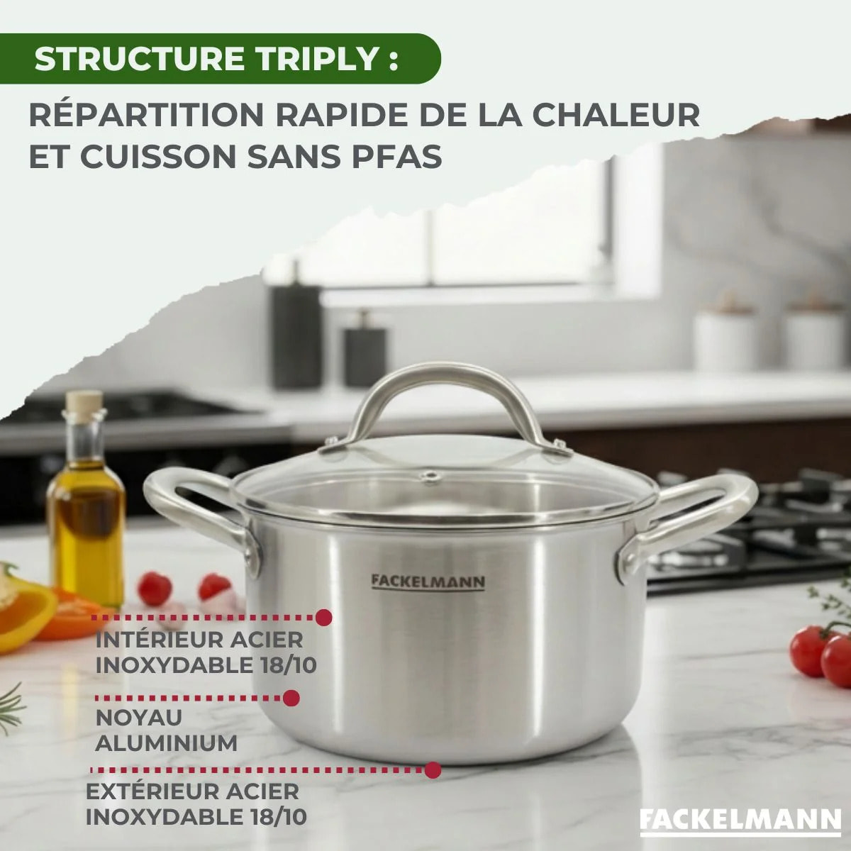 Batterie de cuisine avec 2 faitouts 20/24 cm en inox sans PFAS Fackelmann Vita3