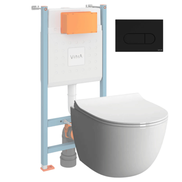 Pack WC suspendu VITRA Sento blanc + bâti autoportant V-Fix Core + Plaque Round Noir mat